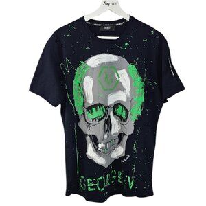 Avenue George V Paris Skull T-Shirt, Splatter Print, Graphic, Blue, Size Large